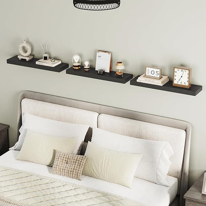 RALGEND Floating Shelves for Wall, 1.5" Thick Wall Shelf Set of 3 with Invisible Brackets, 23.6L x 7.9W Hanging Book Shelves Farmhouse Home Decor for Bathroom, Living Room, Bedroom, Black 6301BJP3BK