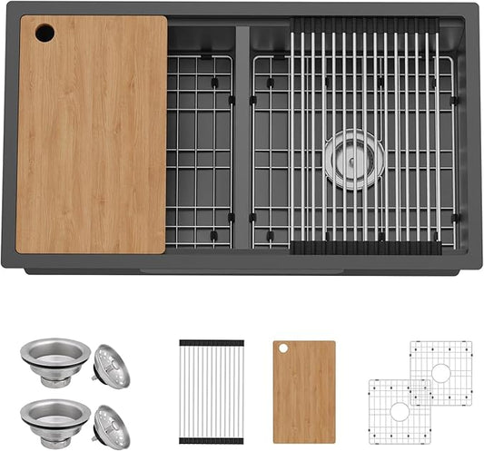 Black 33"x19" Kitchen Sink Workstation - 50/50 Double Bowl Stainless Steel Undermount Kitchen Sink Built-in Ledge Drop In Workstation Sink For Placing/Sliding Accessories-Cutting Board,Drying Rack