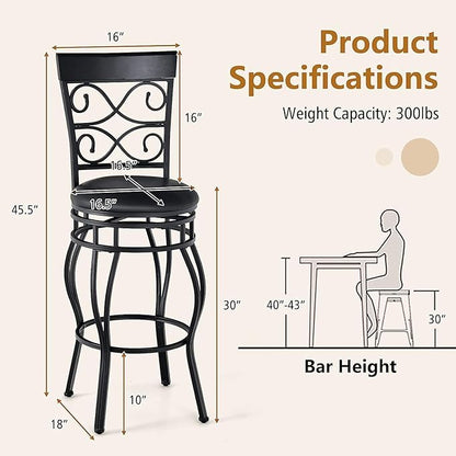 WATERJOY Retro Bar Chairs Set of 4, 360 Degree Swivel Padded Bar Stools Leather Seat Bistro Dining Kitchen Pub Metal Chairs