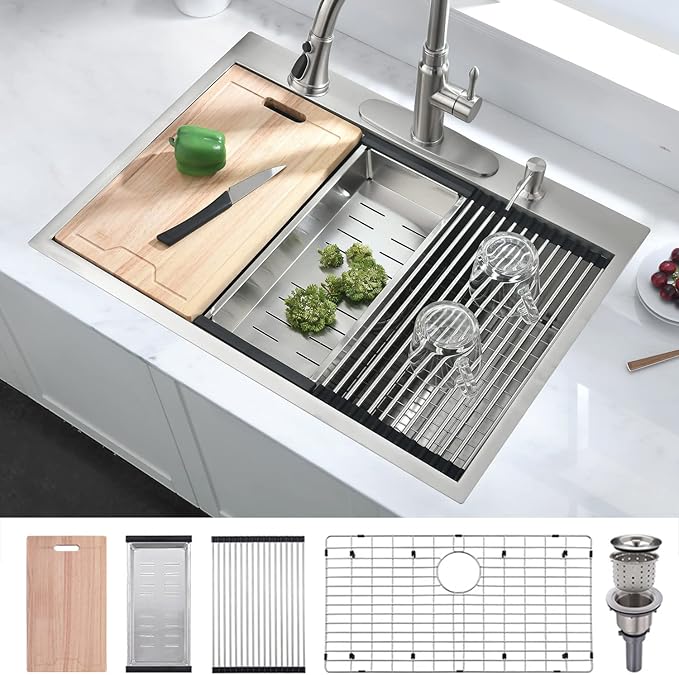 30 Inch Drop In Kitchen Sink, 30x22 Single Bowl Stainless Steel Kitchen Sink Drop in Workstation 16 Gauge Handmade with Cutting Board