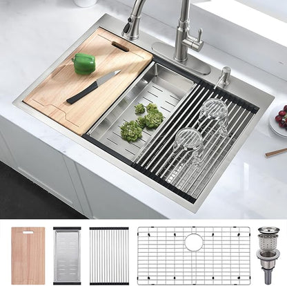 30 Inch Drop In Kitchen Sink, 30x22 Single Bowl Stainless Steel Kitchen Sink Drop in Workstation 16 Gauge Handmade with Cutting Board