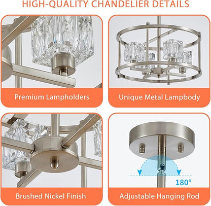 Brushed Nickel Ceiling Light Modern 4-Light Pendant Lighting Fixture 15.7" Adjustable Height Chandeliers with Glass Lampshade Rustic Round Lights for Bedroom Dining Room Kitchen Foyer