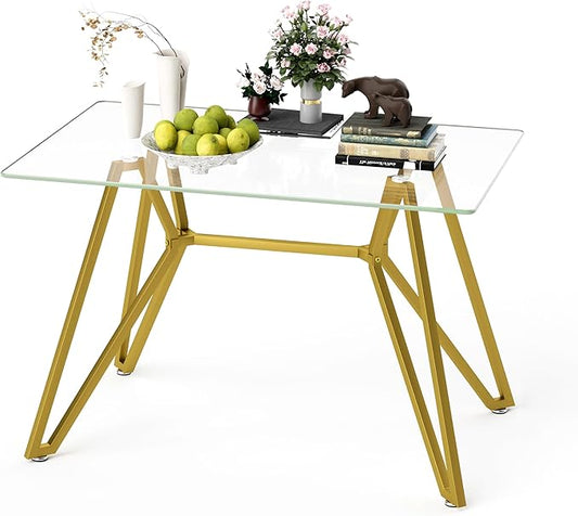 Glass Dining Table,47.3'' Rectangular Dining Kitchen Table,Modern Dining Room Table with Gold Metal Base for Dining Room (Gold,47.3'')