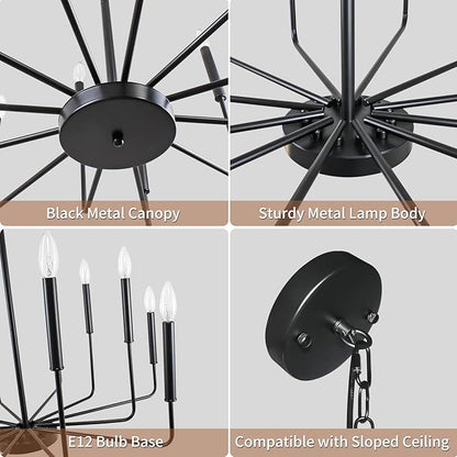 Black Chandelier, 12-Light Farmhouse Chandeliers for Dining Room, Classic Candle Ceiling Pendant Light Fixture for Living Room, Foyer, Kitchen Island, Bedroom, Entryway