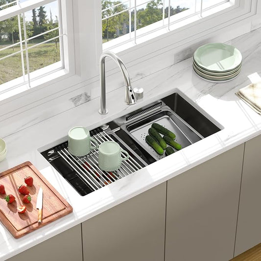 30 inch Undermount Kitchen Sink - Beslend 30x17x10 Waterfall Sink with Pull-Down Faucet 16 Gauge Stainless Steel, Double Track Workstation Kitchen Sinks with Faucet Combo, Handmade Dish Basin