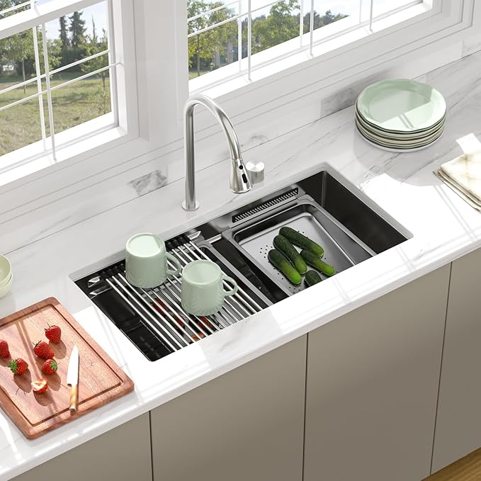 33 inch Undermount Kitchen Sink - Beslend 33x17x10 Waterfall Sink with Pull-Down Faucet 16 Gauge Stainless Steel, Double Track Workstation Kitchen Sinks with Faucet Combo, Handmade Dish Basin