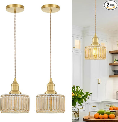 Rustic Pendant Light Set of 2, Brushed Gold Pendant Lights Kitchen Island with Amber Glass Shade, Brass Kitchen Pendant Lighting over Island, Adjustable Hanging Light for Hallway Bathroom Dining Room
