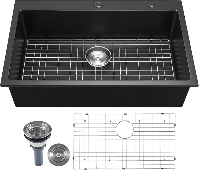 VEVOR 33 inch Kitchen Sink Workstation, Top Mount Granite Sinks, Drop-In Single Bowl Farmhouse Basin with Multiple Accessories, Household Dishwasher Sinks (22"D x 33"W x 9"H)