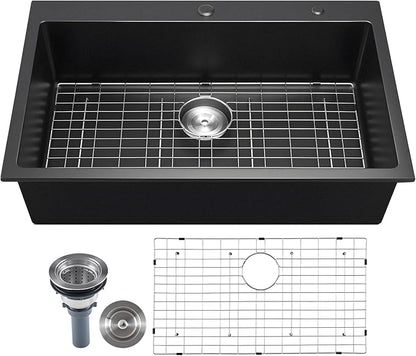 VEVOR 33 inch Kitchen Sink Workstation, Top Mount Granite Sinks, Drop-In Single Bowl Farmhouse Basin with Multiple Accessories, Household Dishwasher Sinks (22"D x 33"W x 9"H)