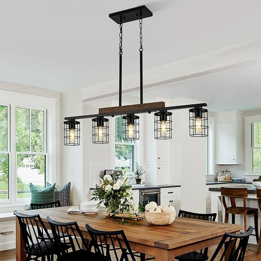 36" Farmhouse Kitchen Light Fixture, Black Hanging Kitchen Chandelier, 5-Light Rustic Dining Room Light Adjustable Height with Wood and Metal Frame, Suit for Farmhouse, Industrial Style