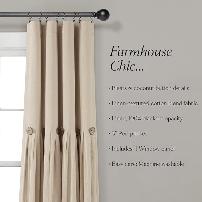 Lush Decor Linen Button Window Curtain Panel, Single, 40" W x 84" L, Dark Linen - Country Curtains, Rustic Décor, Color Block Modern Farmhouse Curtains for Living Room, Dining Room (Pack of 6)