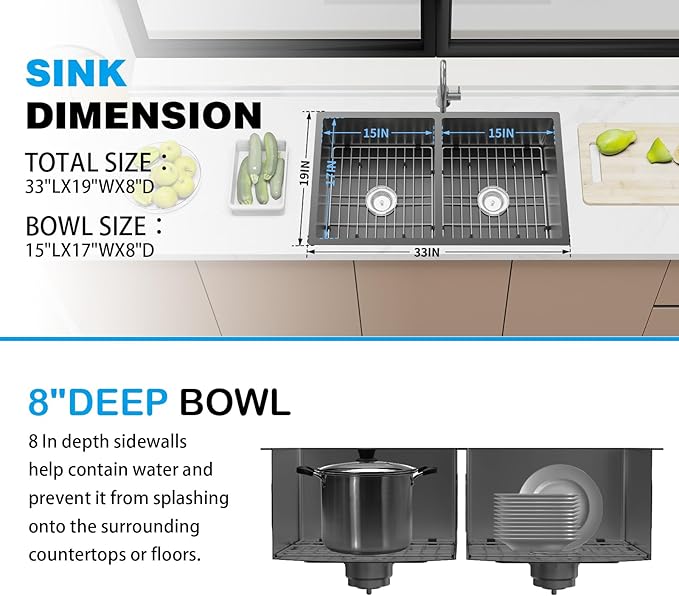 Black Kitchen Sink, 50/50 Double Bowl 33x19x8 Inch Undermount Stainless Steel Drop In Large Kitchen Sink Combo-Stainless Grid, Silicon Mat, Installation Clips For Modern SS Stylish Kitchen&Bar