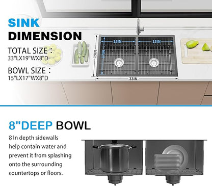 Black Kitchen Sink, 50/50 Double Bowl 33x19x8 Inch Undermount Stainless Steel Drop In Large Kitchen Sink Combo-Stainless Grid, Silicon Mat, Installation Clips For Modern SS Stylish Kitchen&Bar