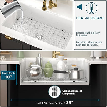 32 White Undermount Kitchen Sink Porcelain 32x19x10 Inch Dual Mount White Single Bowl Ceramic Kitchen Sink - Brushed Drain Strainer