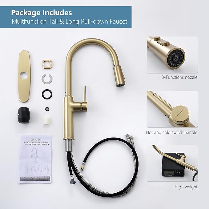 Kitchen Sink Faucets Brushed Gold, High-Arc Single Handle Kitchen Faucet with Pull Down Sprayer, Solid Brass Tall Kitchen Faucets 19 Inch