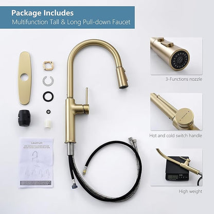 Kitchen Sink Faucets Brushed Gold, High-Arc Single Handle Kitchen Faucet with Pull Down Sprayer, Solid Brass Tall Kitchen Faucets 19 Inch