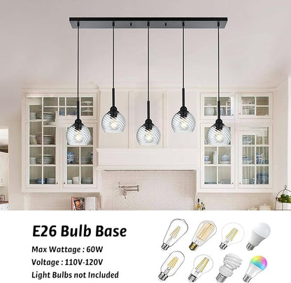 5 Light Kitchen Pendant Lighting Over Island with Striped Swirl Globe Glass, Black Blown Glass Pendant Light Hanging Ceiling Lamp Contemporary Chandelier for Dining Room Bar Living Room