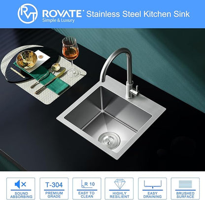 ROVATE 15 x 15 x 8 inch Drop in Bar Sink, Small Top-mount Kitchen Sink Single Bowl, Overmount Handmade 304 Stainless Steel Bar Sinks with Basket Strainer