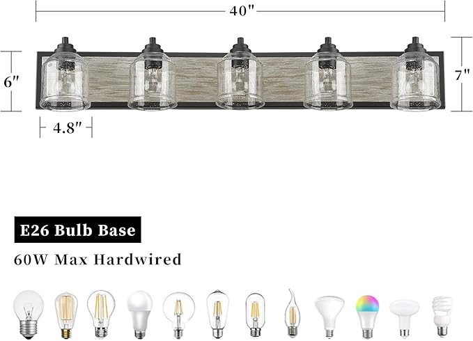 Vanity Lights for Bathroom Large 40", Farmhouse Rustic Vanity Light with Bubble Glass Shades, Gray 5 Light Bathroom Lighting Fixtures Over Mirror, Bath Wall Sconce Home Decor