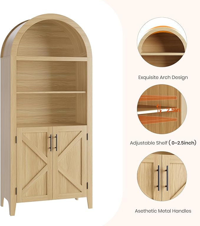 IDEALHOUSE Arched Kitchen Pantry Cabinet with Doors - 5-Tier Open Display Shelf with Nice Texture, Farmhouse Storage Cabinet for Kitchen, Dining Room, Living Room, Natural