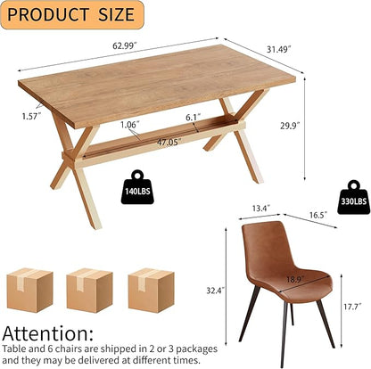 HIPIHOM 63" MDF Modern Dining Table with Chairs for 6, Kitchen Table Chairs Set of 6 with Strong Metal Base, Great for and Apartment Needs
