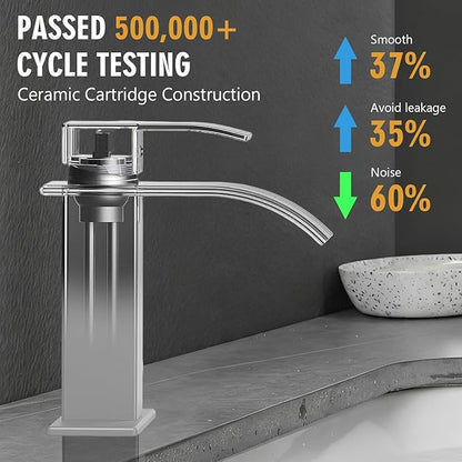 Bathroom Sink Faucet, Waterfall Bathroom Faucet with Pop-up Drain, Supply Hoses and Deck Plate, Suitable for 1 or 3 Holes, Silver