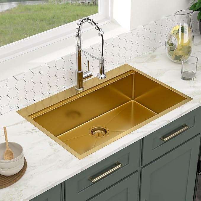 Logmey 33 Inch Gold Kitchen Sink 33x22 Drop in Sink 16 Gauge Stainless Steel Single Bowl Sinks,33x22x9