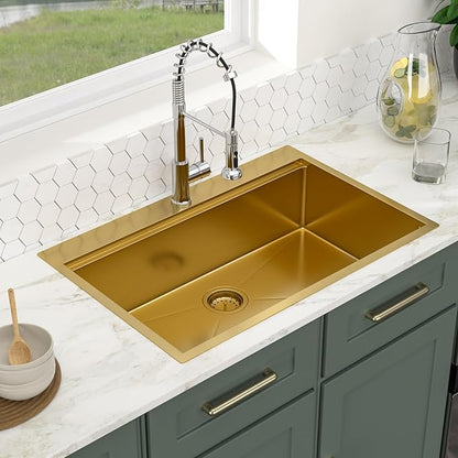 Logmey 33 Inch Gold Kitchen Sink 33x22 Drop in Sink 16 Gauge Stainless Steel Single Bowl Sinks,33x22x9