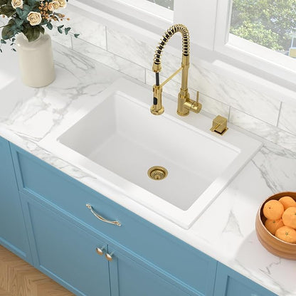 Sarlai 30 Granite Composite Kitchen Sink - 30"x22" Drop In Kitchen Sink Ledge Workstation White Granite Quartz Composite Top-Mount Single Bowl Sinks Basin with Gold Accessories