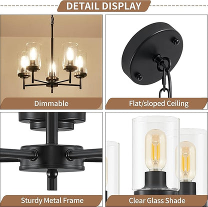 5-Light Farmhouse Glass Chandelier, Modern Black Chandelier for Dining Room Island Lights Industrial Hanging Foyer Lighting Fixtures Chandeliers for Entryway Kitchen Living Room Adjustable Height