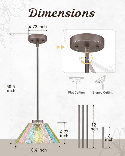 Modern Hanging Light Fixture, HWH Pendant Lights Kitchen Island, 10.4 Inch Farmhouse Pendant Light with Colored Floral Glass, Oil-Rubbed Bronze Finish, 5HJX110MIL ORB-C