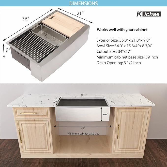 Kichae 36 Inch Farmhouse Kitchen Sink Ledge Workstation Apron Front Farmer Sink Stainless Steel Single Bowl Handmade Modern Farm Style with Accessories