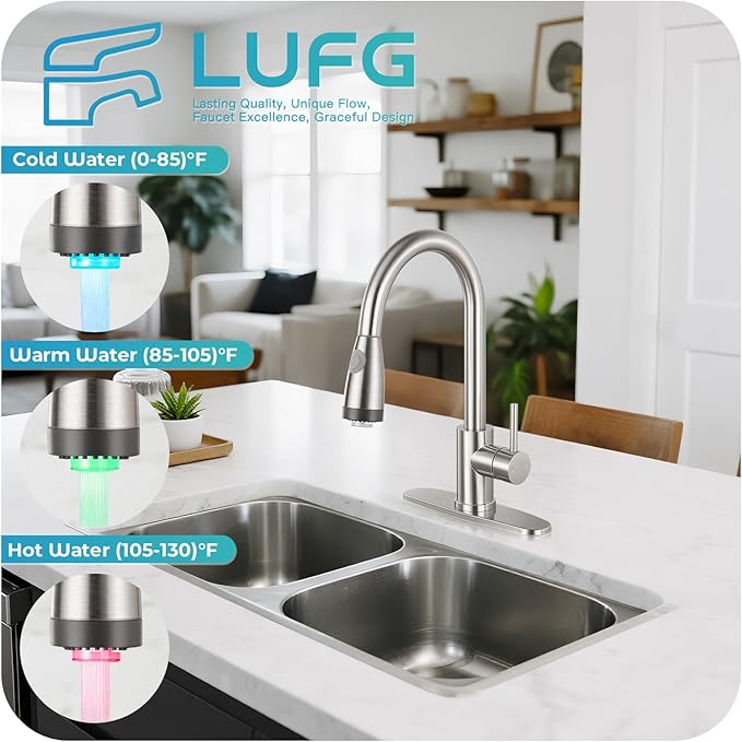 LED Kitchen Faucet with Pull Down Sprayer - Brushed Nickel Single Handle Kitchen Faucets, High Arc Stainless Steel Pull Out Kitchen Sink Faucet with Deck for RV Laundry Farmhouse Bar