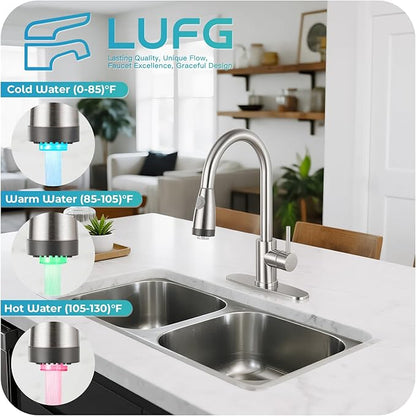 LED Kitchen Faucet with Pull Down Sprayer - Brushed Nickel Single Handle Kitchen Faucets, High Arc Stainless Steel Pull Out Kitchen Sink Faucet with Deck for RV Laundry Farmhouse Bar