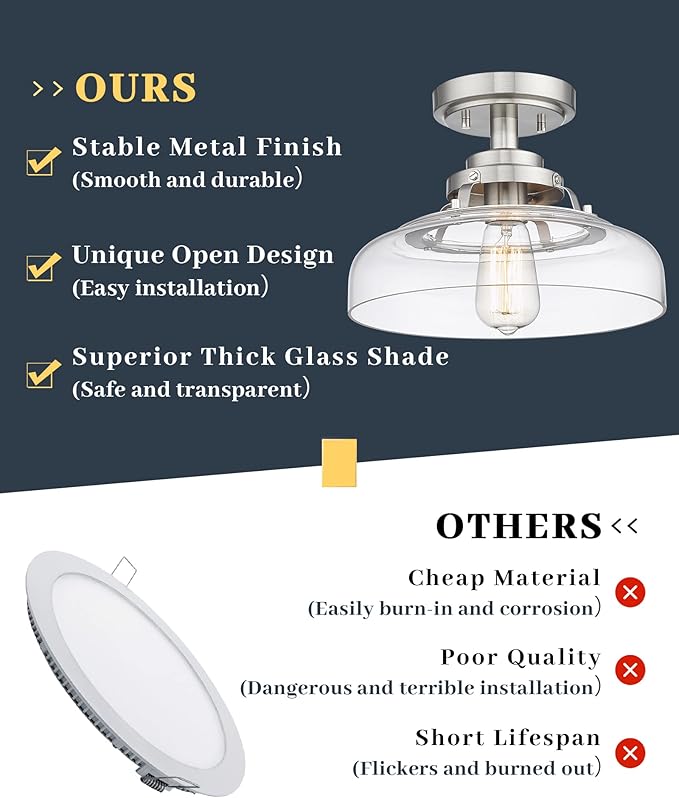 EAPUDUN Semi Flush Mount Ceiling Light, Farmhouse Close to Ceilight Lighting Fixture, Brushed Nickel Finish, Clear Glass Pendant Lamp Shade, SMA1307-BNK