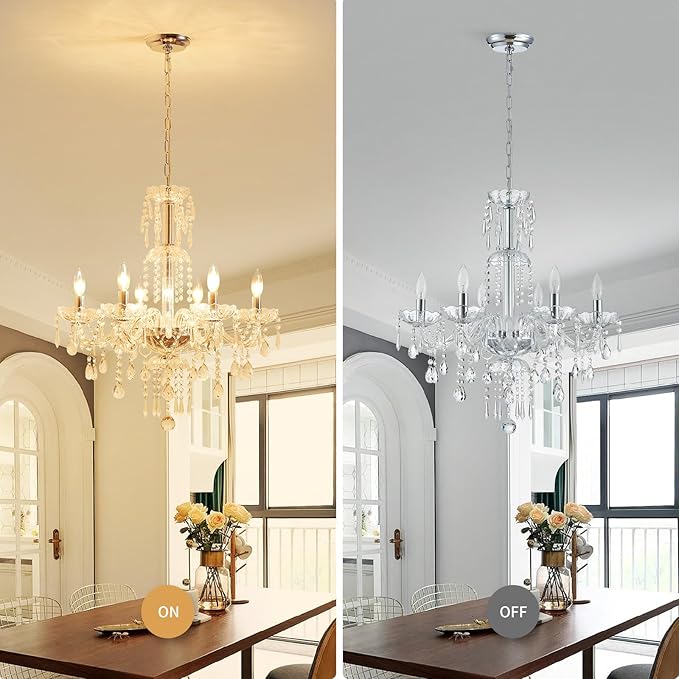 WUZUPS 6-Light Crystal Candle Chandelier Pendant Ceiling Light Modern Lighting Fixture for Bedroom Hallway Bar Kitchen Bathroom, H 25.6" W 24.4", E12 Base, Chrome