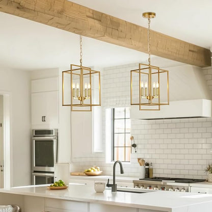 Modern Farmhouse Gold Chandelier, 4-Light Rustic Geometric Chandeliers for Dining Room, Adjustable Metal Hanging Pendant Light Fixture for Entryway Foyer Kitchen Island Hallway
