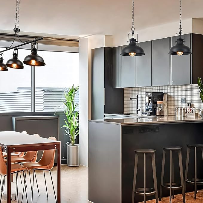 GZBtech Industrial Dome Pendant Light, Metal Chain Adjustable Farmhouse Hanging Light, 50.5 Inches Vintage Rustic Lighting Fixture with Polished Black Finish for Kitchen Dinning Room Barn, UL Listed