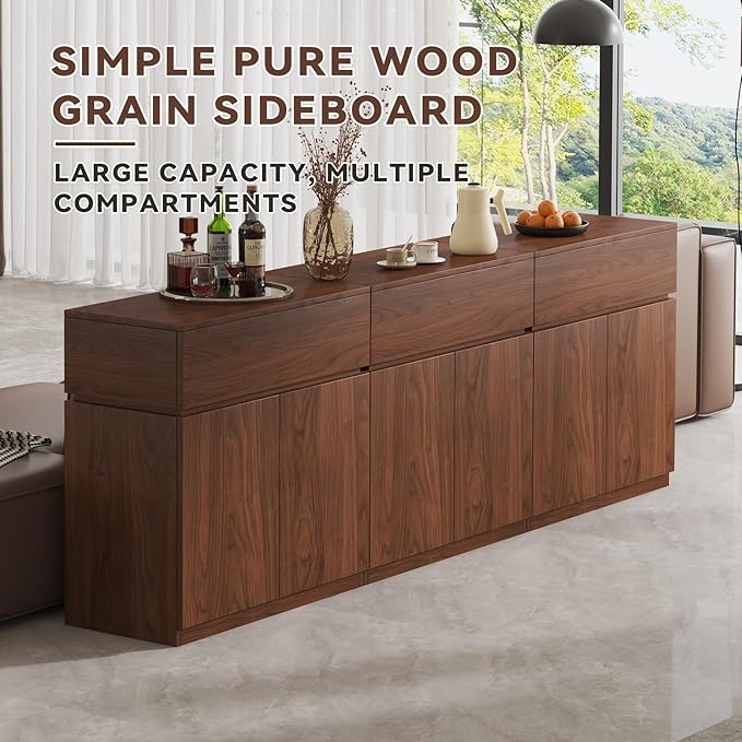 94.5" Buffet Cabinet with Drawers & Door, Console Table, Set of 3 Modular Stackable Sideboard Coffee Bar Cabinet with Adjustable Shelves, Matte Walnut Storage Accent Credenza for Living Room
