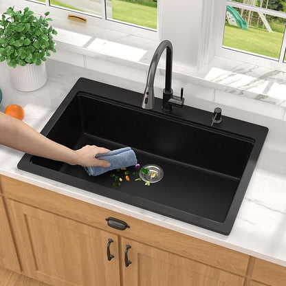 33 Inch Granite Composite Kitchen Sink - Matte Black Drop In Granite Kitchen Sink, Workstation All-In One Classic Quartz Top Mount Single Bowl Sinks for Modern Kitchen, 33"x22" #TLGT-123
