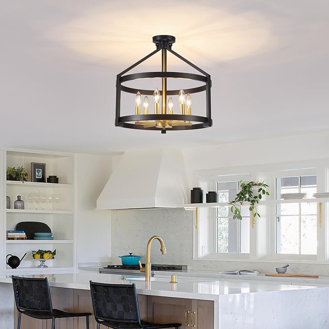 6-Light Modern Farmhouse Chandelier, Black and Gold Semi Flush Mount Ceiling Light Fixture Convertible Hanging Pendant Lights, Rustic Vintage Chandeliers for Dining Room Foyer Kitchen Bedroom Entryway