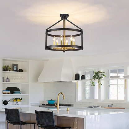 6-Light Modern Farmhouse Chandelier, Black and Gold Semi Flush Mount Ceiling Light Fixture Convertible Hanging Pendant Lights, Rustic Vintage Chandeliers for Dining Room Foyer Kitchen Bedroom Entryway