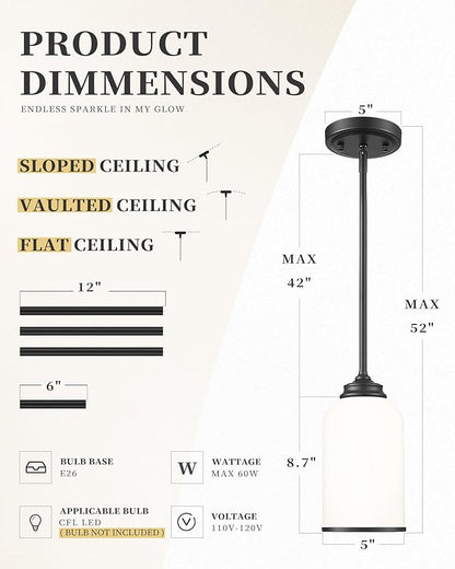 LIROUVET 2 Pack Pendant Lights Kitchen Island, Modern Pendant Lights, Black Hanging Lamp with Milk Glass, Industrial Pendant Light Fixtures for Dining Room PL02 MGBK-2PK
