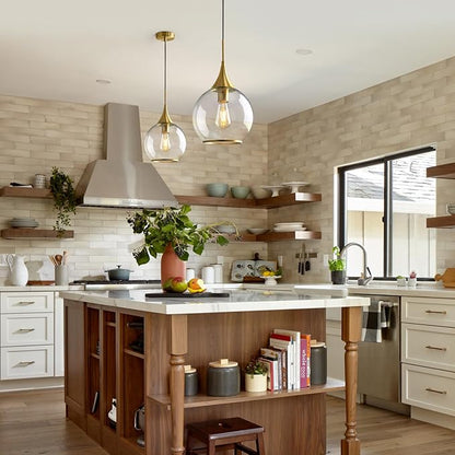 Pendant Lights Kitchen Island: Brushed Gold Light Fixture Farmhouse with Clear Glass - 10 Inch Mid Century Globe Kitchen Lighting Fixtures Ceiling for Dining Room