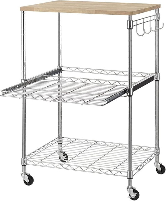 Finnhomy 3-Tier Rolling Kitchen Cart, Microwave Cart with Oak Wood Tabletop and Drawer Slider, Coffee Cart & Food Service Cart with Hooks, Chrome