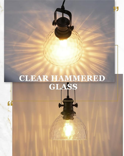 2-Pack Pendant Lights Kitchen Island, 7.5" Farmhouse Black Pendant Lighting with Hammered Glass Shade, Vintage Hanging Light Fixtures for Dining Room Entryway, AD-22151-1P2-BK-H