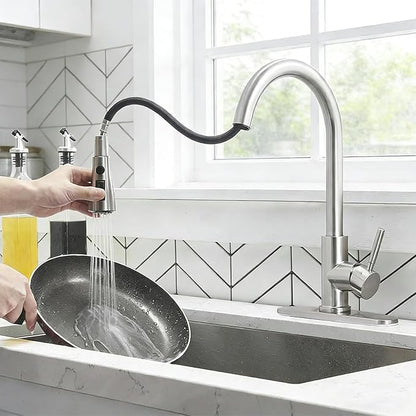 Kitchen Faucet with Pull Down Sprayer, Brushed Nickel Stainless Steel Kitchen Sink Faucet, Single Handle 1 or 3 Hole Pull Out Sink Faucet for Bar Laundry RV Farmhouse, RC-KYT010L-D