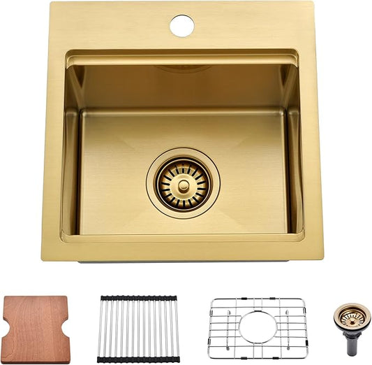 15x15 Inch Gold Drop In Bar Sink Workstation - 16 Gauge Stainless Steel Single Bowl, Small Kitchen Sink for RV, Wet Bar, Outdoor Kitchen & Prep Workstation
