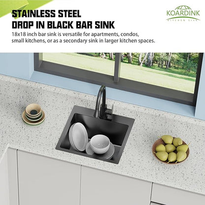 Black 18x18 In Drop In Kitchen And Bar Sink- Stainless Steel Single Bowl Kitchen Sink Modern Topmount Bar Sink With Silicon Mat,Drain Strainer Set Compatibility With Various Kitchen & Bar Style