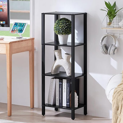 YUFAM 4 Tier Tall Wooden Bookshelf with Storage - Small Bookcase for Small Spaces, Shelf for Living Room, Office, Bedroom, Kitchen - Industrial Modern Black Book Shelf